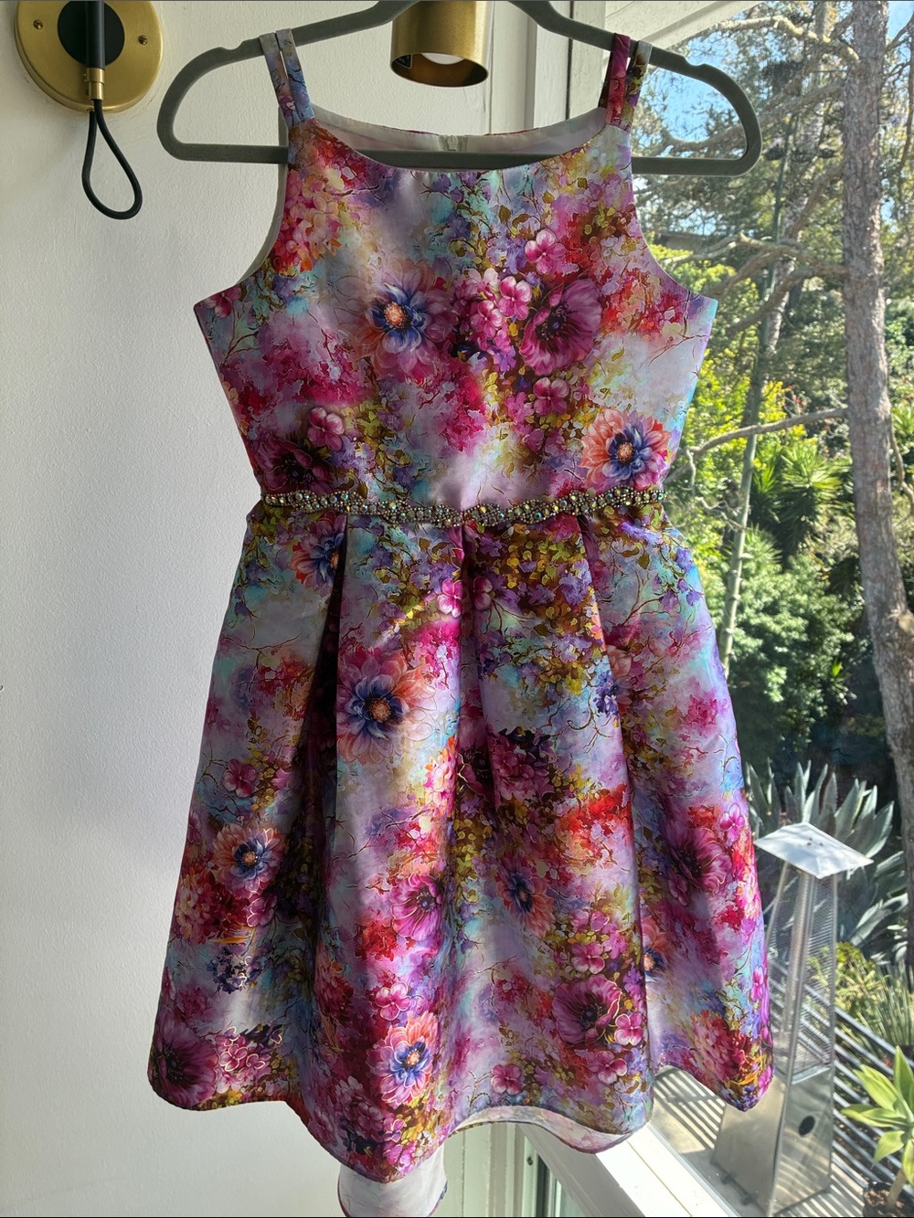 Rare Editions Pink and Purple Floral Dress with Jeweled Waist